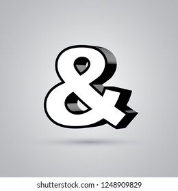 White 3D vector ampersand symbol with black border. Glossy font with light reflection and shadow isolated on white background