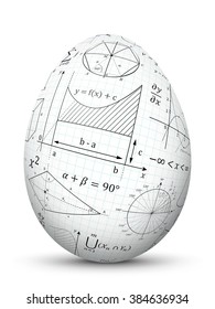 White 3D Vector Easter Egg with Graph Paper Texture and Mathematical Symbols - Math Cheat Slip. Formula Symbol for Education, Science and School Design. Isolated Egg with Smooth Shadow.