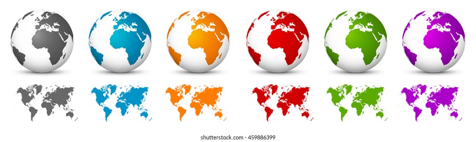 White 3D Vector Globes with World Maps in Same Color. Planet Earth Collection with Colorful Continents