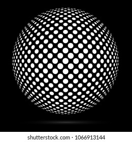 White 3D vector halftone sphere.Dotted spherical background.Logo template with shadow.Circle dots isolated on the black background.