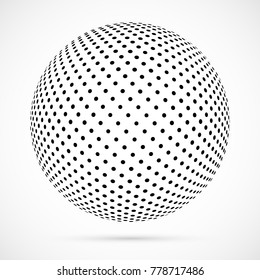 White 3D vector halftone sphere.Dotted spherical background.Logo template with shadow.Circle dots isolated on the white background.