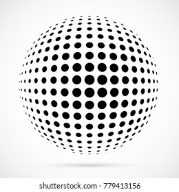 White 3D vector halftone sphere.Dotted spherical background.Logo template with shadow.Circle dots isolated on the white background.