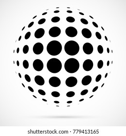 White 3D vector halftone sphere.Dotted spherical background.Logo template with shadow.Circle dots isolated on the white background.