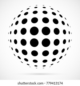 White 3D vector halftone sphere.Dotted spherical background.Logo template with shadow.Circle dots isolated on the white background.