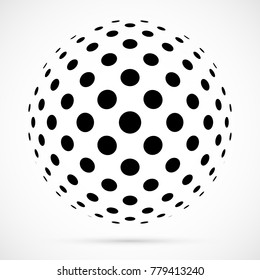 White 3D vector halftone sphere.Dotted spherical background.Logo template with shadow.Circle dots isolated on the white background.