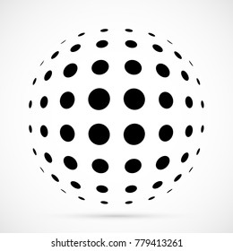 White 3D vector halftone sphere.Dotted spherical background.Logo template with shadow.Circle dots isolated on the white background.