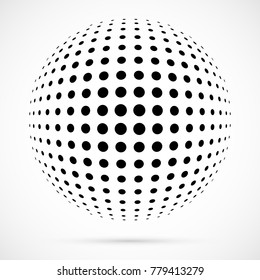 Esfera de meio-tom de vetor 3D branco.Plano de fundo esférico pontilhado.Modelo de logotipo com sombra.Pontos de círculo isolados no plano de fundo branco.