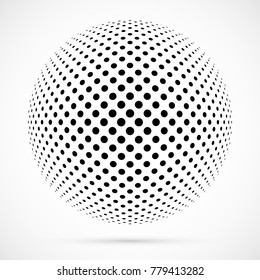 White 3D vector halftone sphere.Dotted spherical background.Logo template with shadow.Circle dots isolated on the white background.