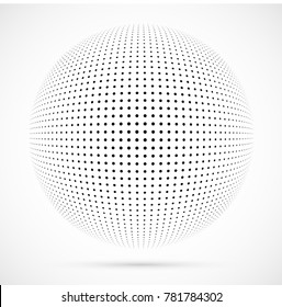 White 3D vector halftone sphere.Dotted spherical background.Logo template with shadow.Circle dots isolated on the white background.