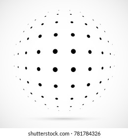 White 3D vector halftone sphere.Dotted spherical background.Logo template with shadow.Circle dots isolated on the white background.