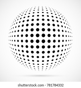 White 3D vector halftone sphere.Dotted spherical background.Logo template with shadow.Circle dots isolated on the white background.