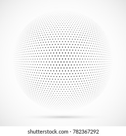 White 3D vector halftone sphere.Dotted spherical background.Logo template with shadow.Circle dots isolated on the white background.