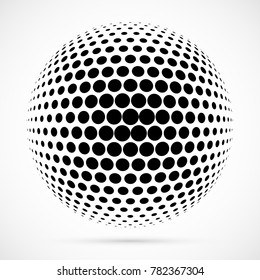 White 3D vector halftone sphere.Dotted spherical background.Logo template with shadow.Circle dots isolated on the white background.