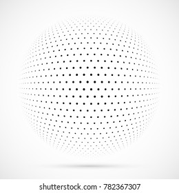 White 3D vector halftone sphere.Dotted spherical background.Logo template with shadow.Circle dots isolated on the white background.