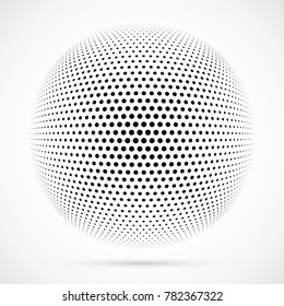 White 3D vector halftone sphere.Dotted spherical background.Logo template with shadow.Circle dots isolated on the white background.