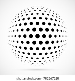 White 3D vector halftone sphere.Dotted spherical background.Logo template with shadow.Circle dots isolated on the white background.