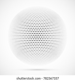 White 3D vector halftone sphere.Dotted spherical background.Logo template with shadow.Circle dots isolated on the white background.