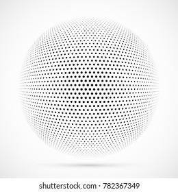 White 3D vector halftone sphere.Dotted spherical background.Logo template with shadow.Circle dots isolated on the white background.