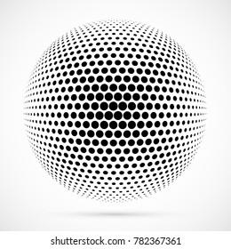 White 3D vector halftone sphere.Dotted spherical background.Logo template with shadow.Circle dots isolated on the white background.