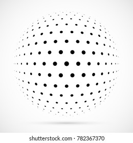 White 3D vector halftone sphere.Dotted spherical background.Logo template with shadow.Circle dots isolated on the white background.