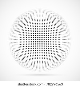 White 3D vector halftone sphere.Dotted spherical background.Logo template with shadow.Square dots isolated on the white background.