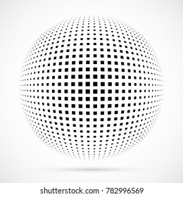 White 3D vector halftone sphere.Dotted spherical background.Logo template with shadow.Square dots isolated on the white background.