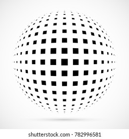 White 3D vector halftone sphere.Dotted spherical background.Logo template with shadow.Square dots isolated on the white background.