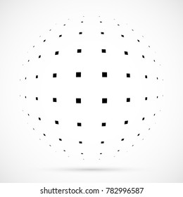 White 3D vector halftone sphere.Dotted spherical background.Logo template with shadow.Square dots isolated on the white background.