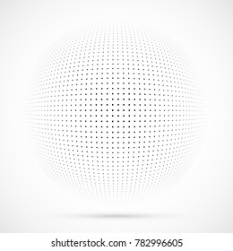 White 3D vector halftone sphere.Dotted spherical background.Logo template with shadow.Square dots isolated on the white background.
