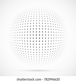White 3D vector halftone sphere.Dotted spherical background.Logo template with shadow.Square dots isolated on the white background.