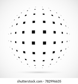 White 3D vector halftone sphere.Dotted spherical background.Logo template with shadow.Square dots isolated on the white background.