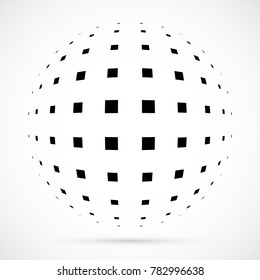 White 3D vector halftone sphere.Dotted spherical background.Logo template with shadow.Square dots isolated on the white background.