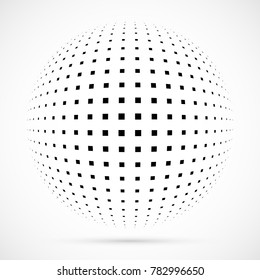 White 3D vector halftone sphere.Dotted spherical background.Logo template with shadow.Square dots isolated on the white background.
