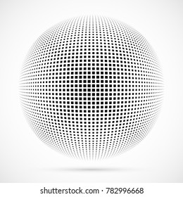 White 3D vector halftone sphere.Dotted spherical background.Logo template with shadow.Square dots isolated on the white background.