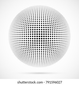 White 3D vector halftone sphere.Dotted spherical background.Logo template with shadow.Circle dots isolated on the white background.