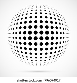 White 3D vector halftone sphere.Dotted spherical background.Logo template with shadow.Circle dots isolated on the white background.