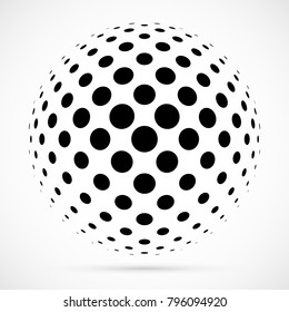 White 3D vector halftone sphere.Dotted spherical background.Logo template with shadow.Circle dots isolated on the white background.