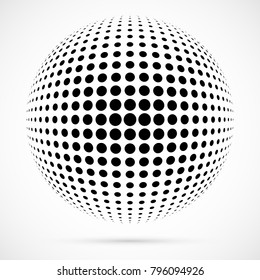 White 3D vector halftone sphere.Dotted spherical background.Logo template with shadow.Circle dots isolated on the white background.