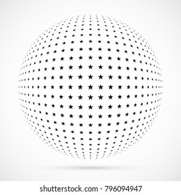 White 3D vector halftone sphere.Dotted spherical background.Logo template with shadow.Stars isolated on the white background.