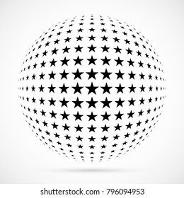 White 3D vector halftone sphere.Dotted spherical background.Logo template with shadow.Stars isolated on the white background.