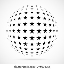 White 3D vector halftone sphere.Dotted spherical background.Logo template with shadow.Stars isolated on the white background.