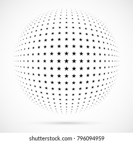 White 3D vector halftone sphere.Dotted spherical background.Logo template with shadow.Stars isolated on the white background.