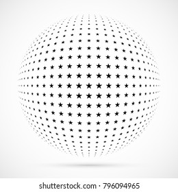 White 3D vector halftone sphere.Dotted spherical background.Logo template with shadow.Stars isolated on the white background.