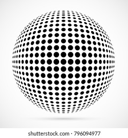 White 3D vector halftone sphere.Dotted spherical background.Logo template with shadow.Circle dots isolated on the white background.