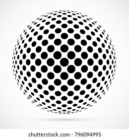 White 3D vector halftone sphere.Dotted spherical background.Logo template with shadow.Circle dots isolated on the white background.