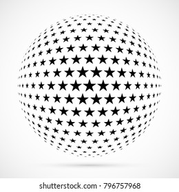 White 3D vector halftone sphere.Dotted spherical background.Logo template with shadow.Stars isolated on the white background.