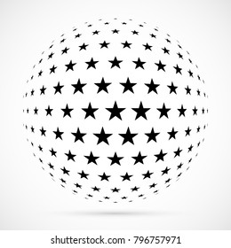 White 3D vector halftone sphere.Dotted spherical background.Logo template with shadow.Stars isolated on the white background.