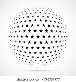 White 3D vector halftone sphere.Dotted spherical background.Logo template with shadow.Stars isolated on the white background.