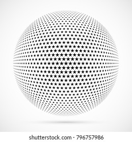 White 3D vector halftone sphere.Dotted spherical background.Logo template with shadow.Stars isolated on the white background.