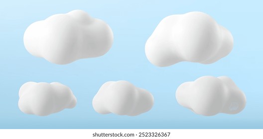 Nuvens de ilustração de vetor 3d branco isoladas em um plano de fundo azul. Renderizar desenho animado redondo macio ícone nuvens fofo no céu azul.